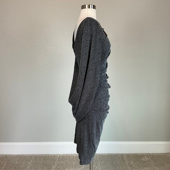 Avery G Black Midi Sheath Cocktail Dress Size 8 Metallic Knit Draped Back - Picture 4 of 14
